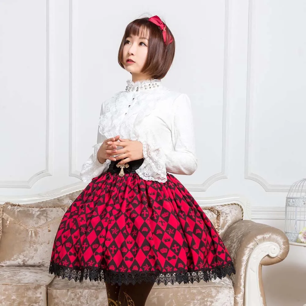 Sweet Deep Red Diamond Checkered Skirt Mori Girl Short Skirt with Lace Trimming