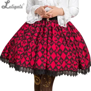 Sweet Deep Red Diamond Checkered Skirt Mori Girl Short Skirt with Lace Trimming