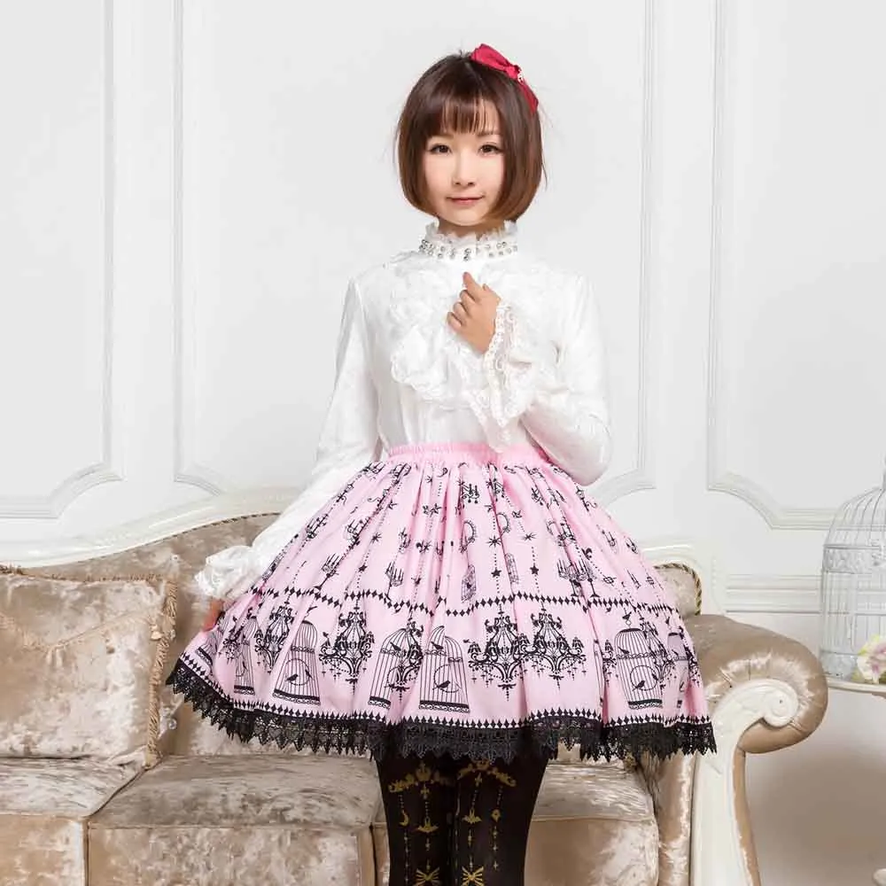 Sweet Mori Girl Pink Bird Cage and Chandelier Printed Short Skirt for Women