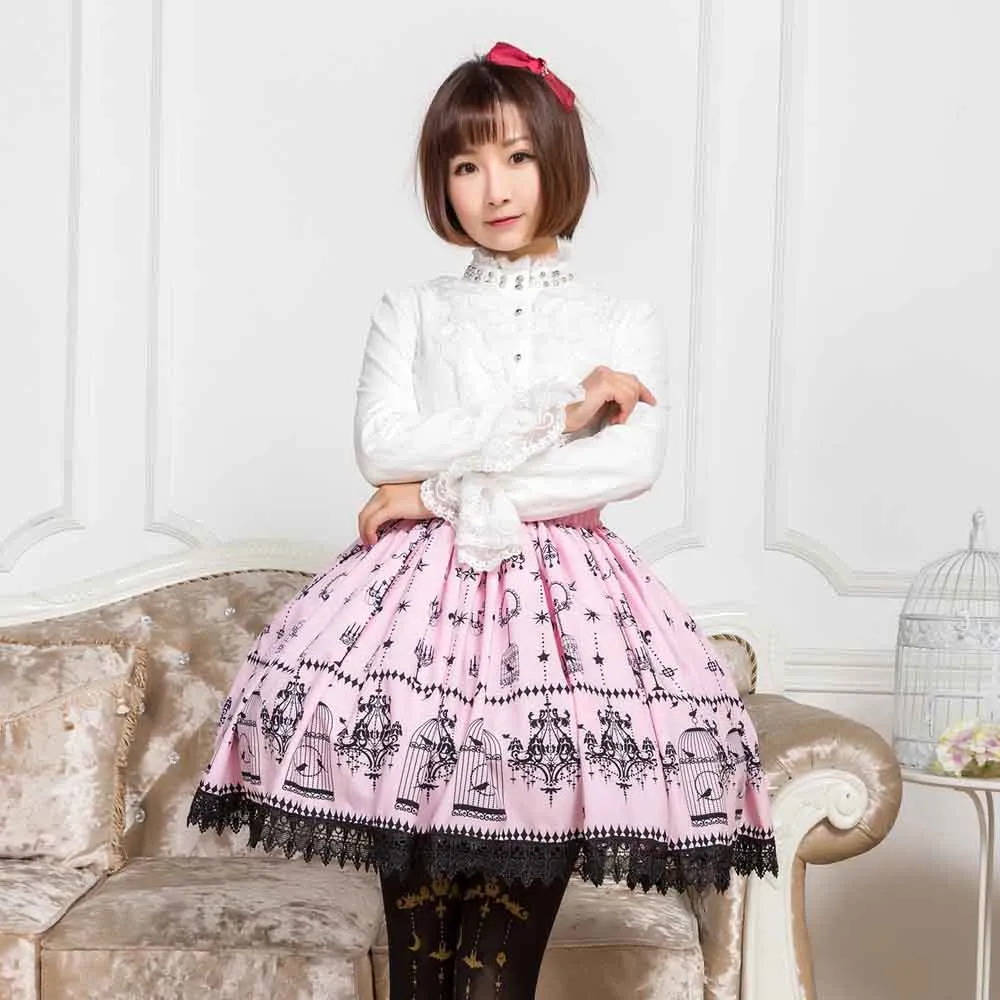 Sweet Mori Girl Pink Bird Cage and Chandelier Printed Short Skirt for Women