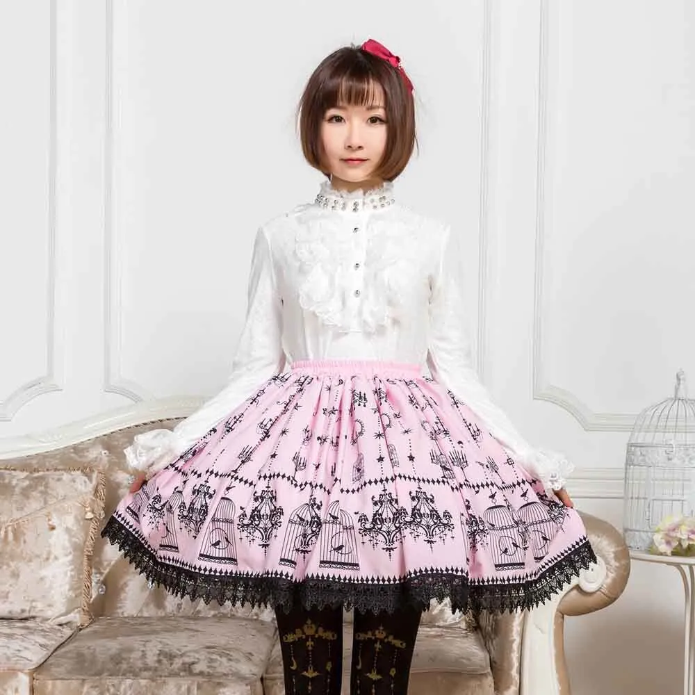 Sweet Mori Girl Pink Bird Cage and Chandelier Printed Short Skirt for Women