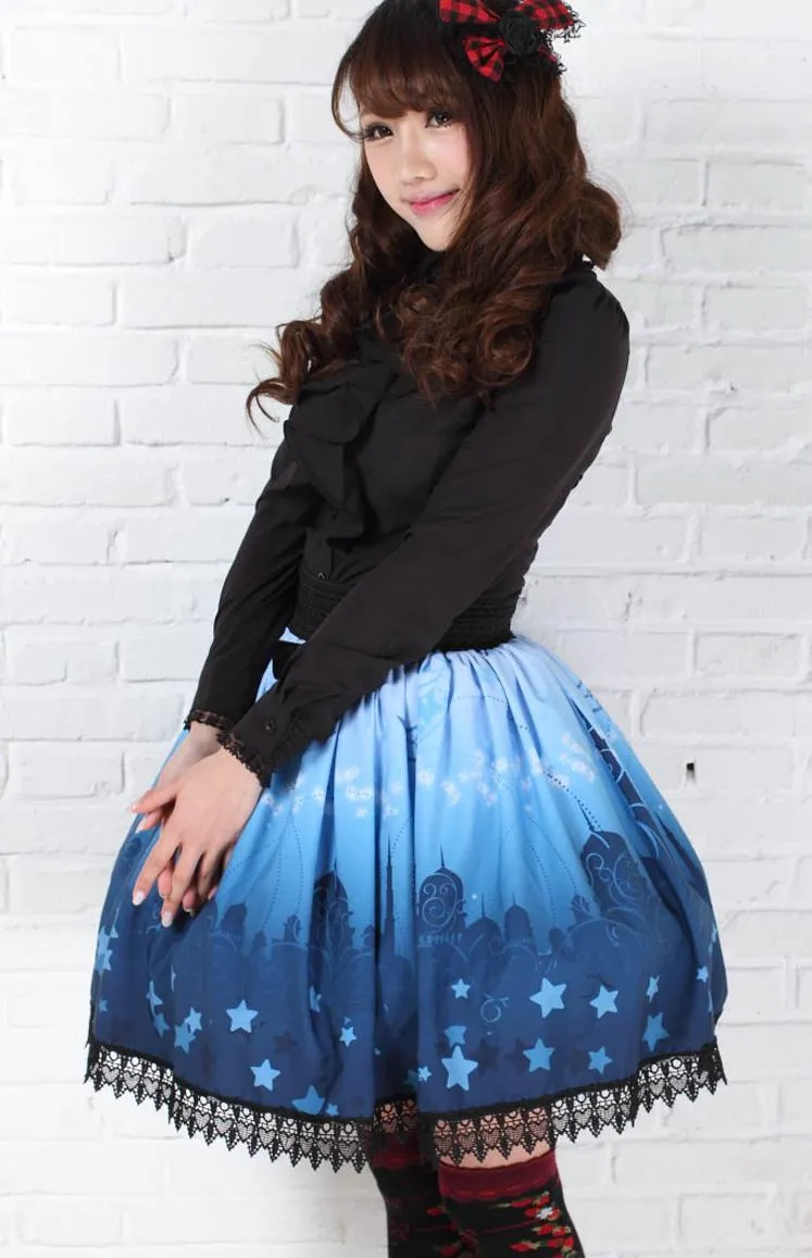 Sweet Princess Blue Moonlight Castle Printed Pleated Lolita A Line Skirt with Lace Trim and Bow