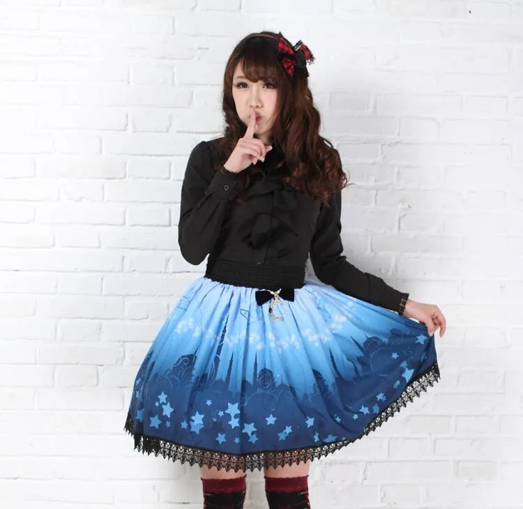 Sweet Princess Blue Moonlight Castle Printed Pleated Lolita A Line Skirt with Lace Trim and Bow