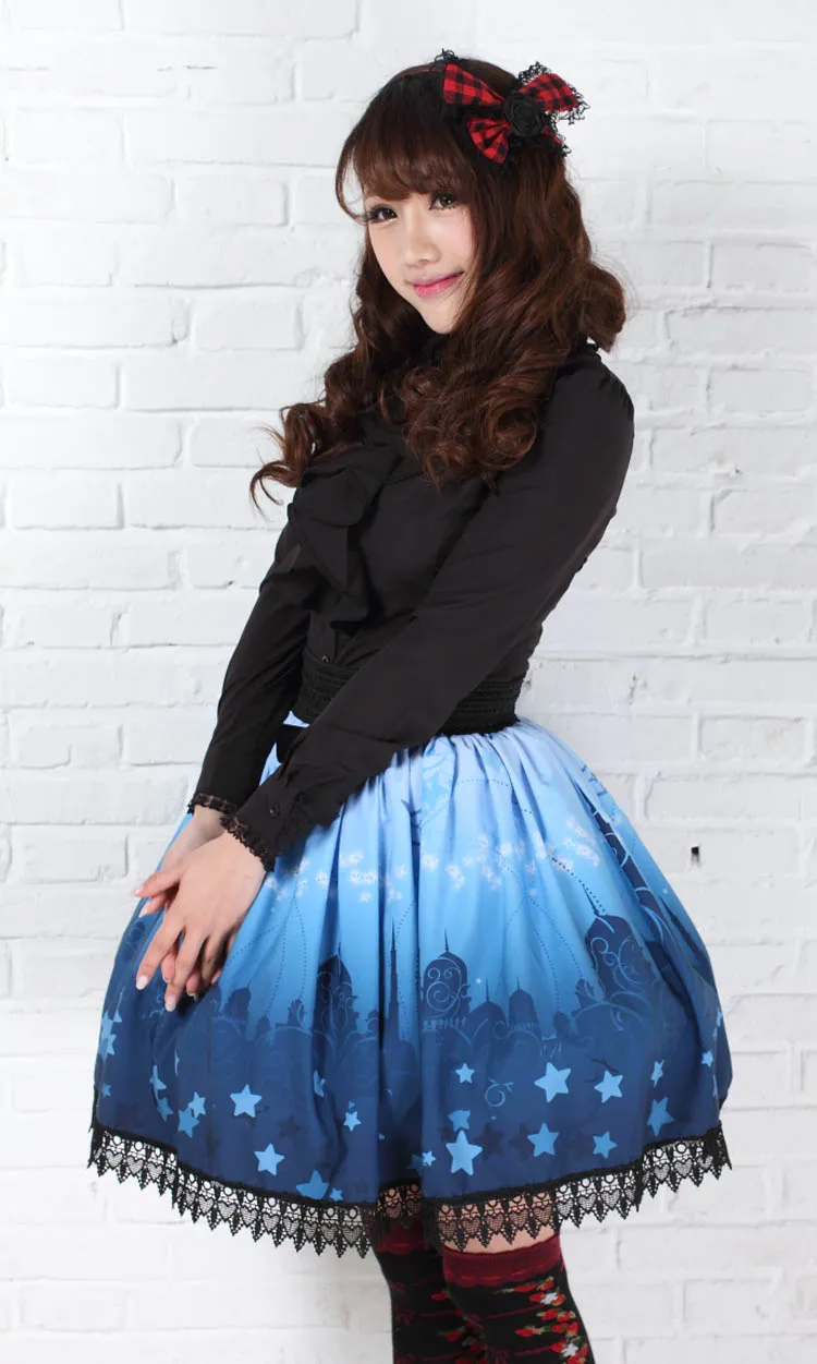 Sweet Princess Blue Moonlight Castle Printed Pleated Lolita A Line Skirt with Lace Trim and Bow