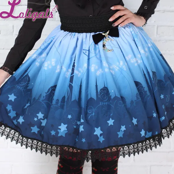 Sweet Princess Blue Moonlight Castle Printed Pleated Lolita A Line Skirt with Lace Trim and Bow