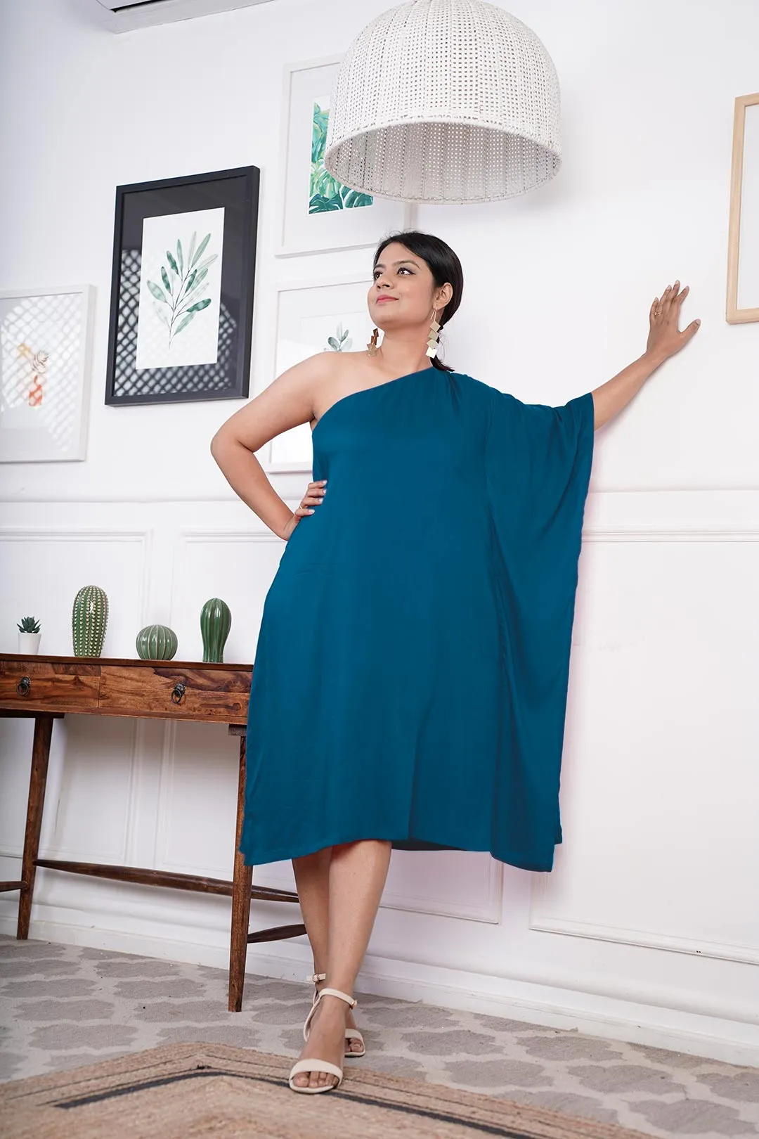 Teal Rayon OneShoulder Dress - Solid