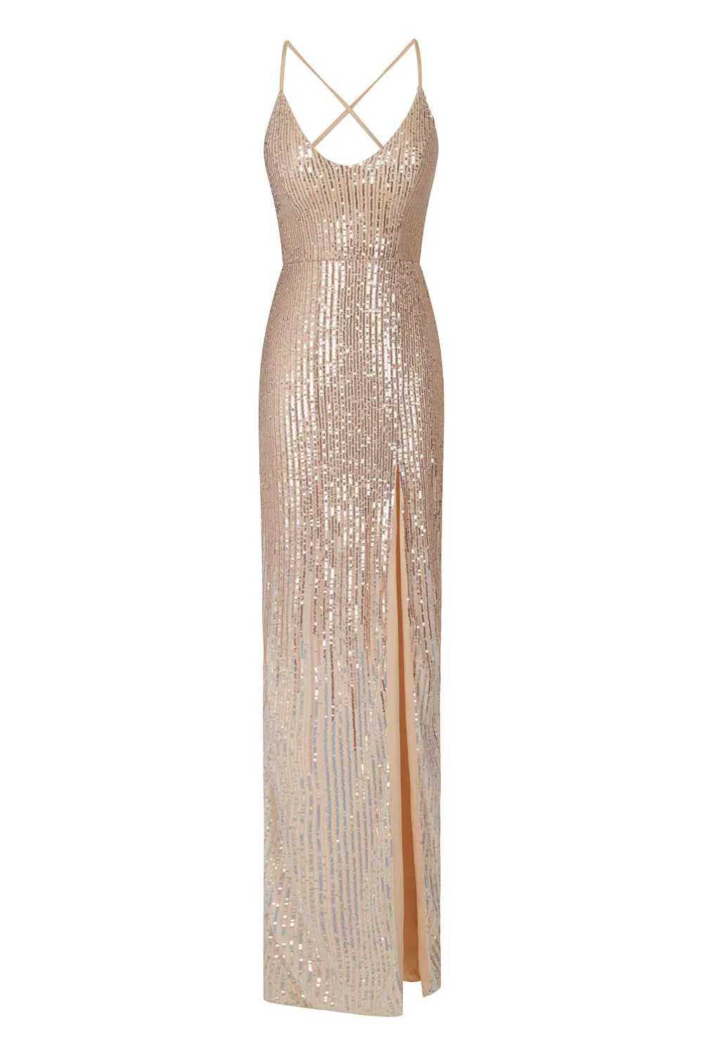 Tiara Rose Gold Silver Ombre Sequin Plunge Thigh Slit Fishtail Dress