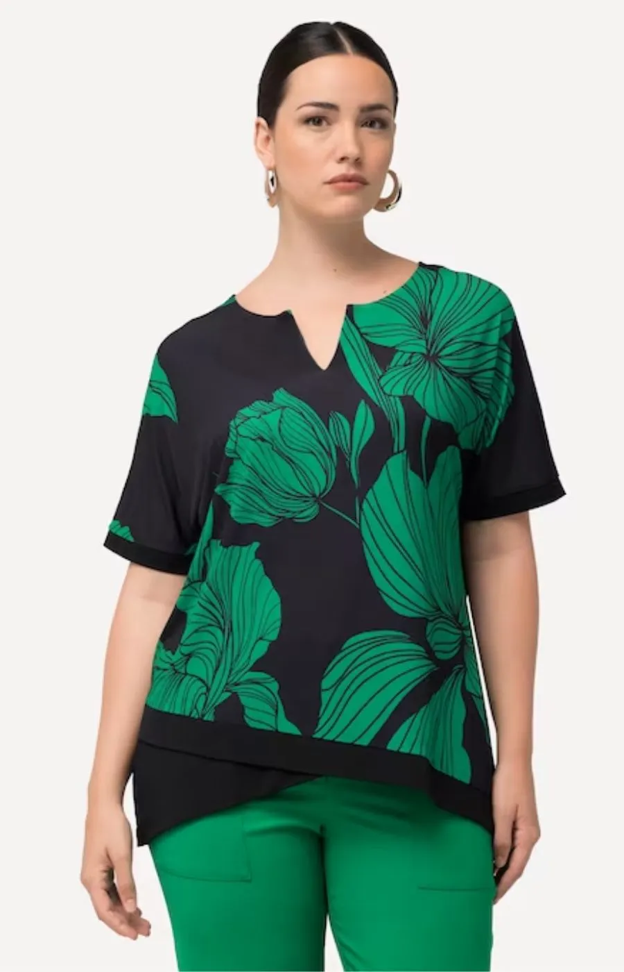 Ulla Popken Flower Print Blouse in Green