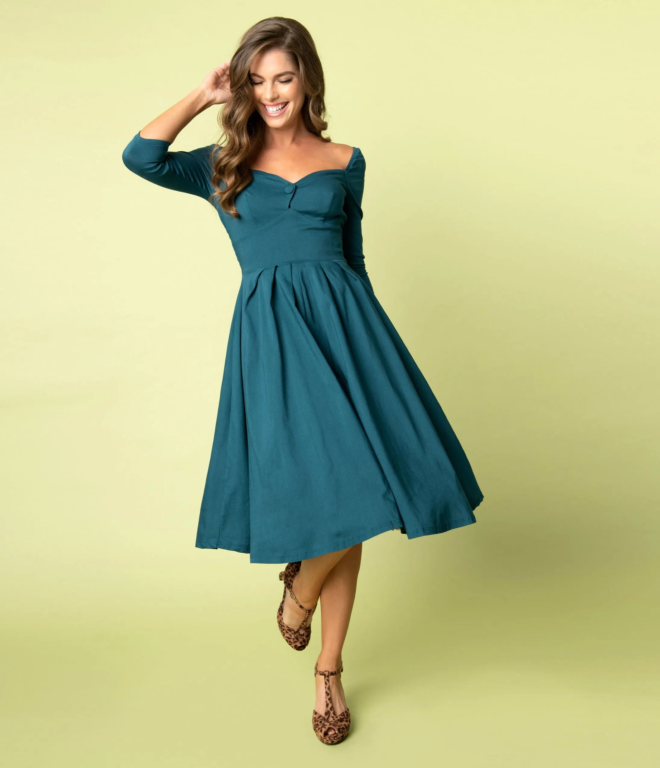 Unique Vintage 1950s Style Dark Teal Bengaline Sweetheart Lamar Swing Dress