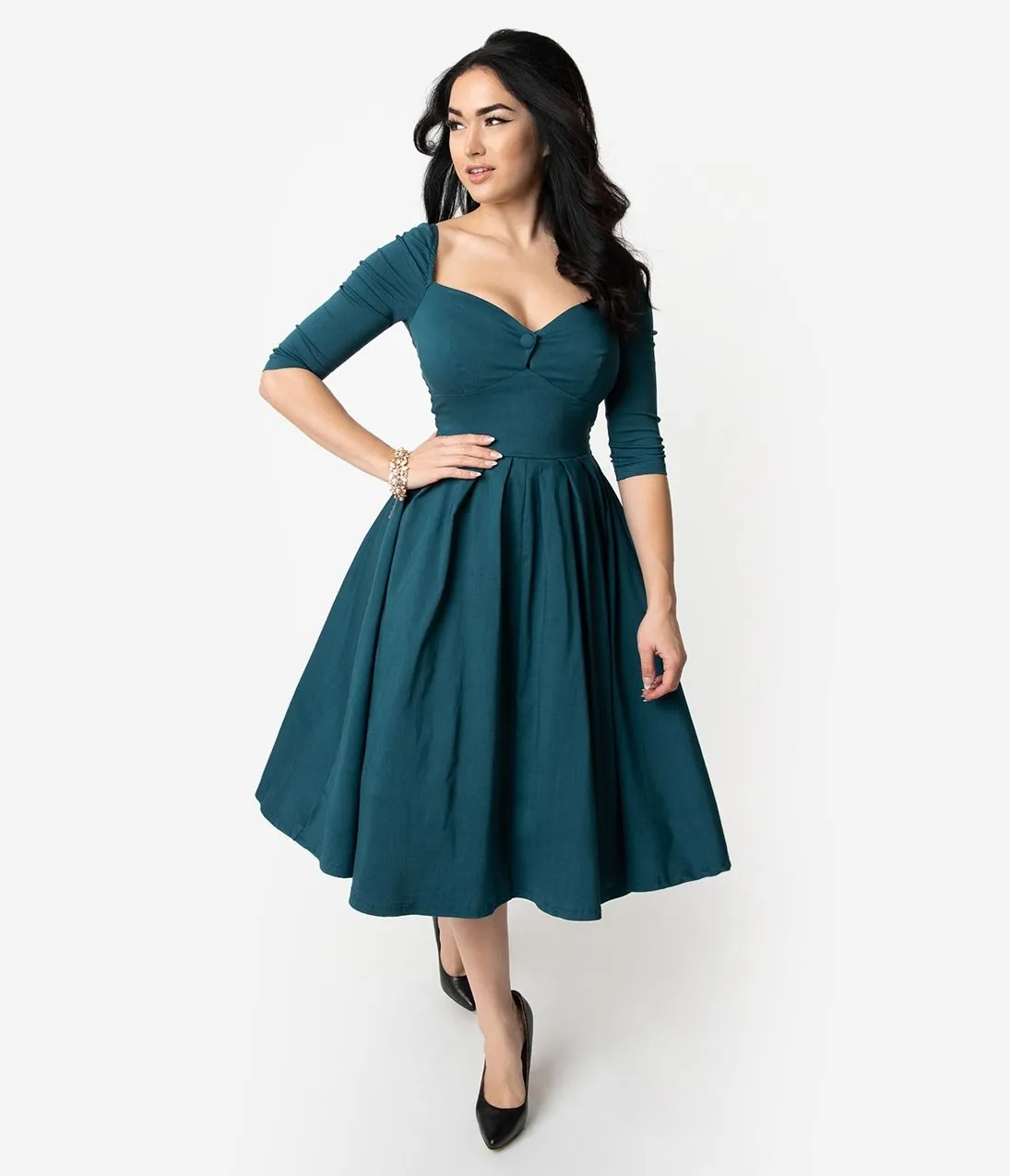 Unique Vintage 1950s Style Dark Teal Bengaline Sweetheart Lamar Swing Dress