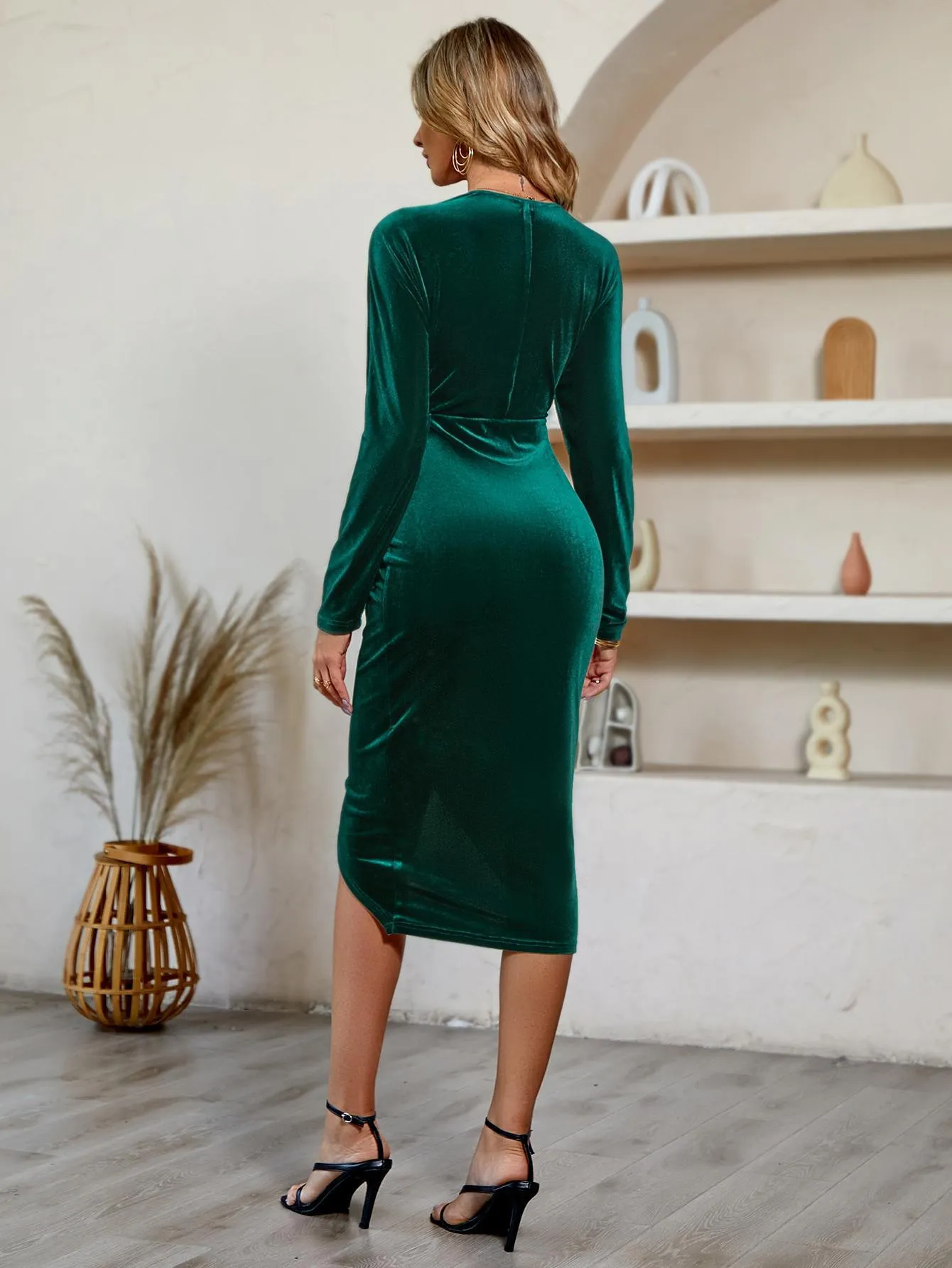 V-neck Solid Color Cinched Waist Velvet Dress