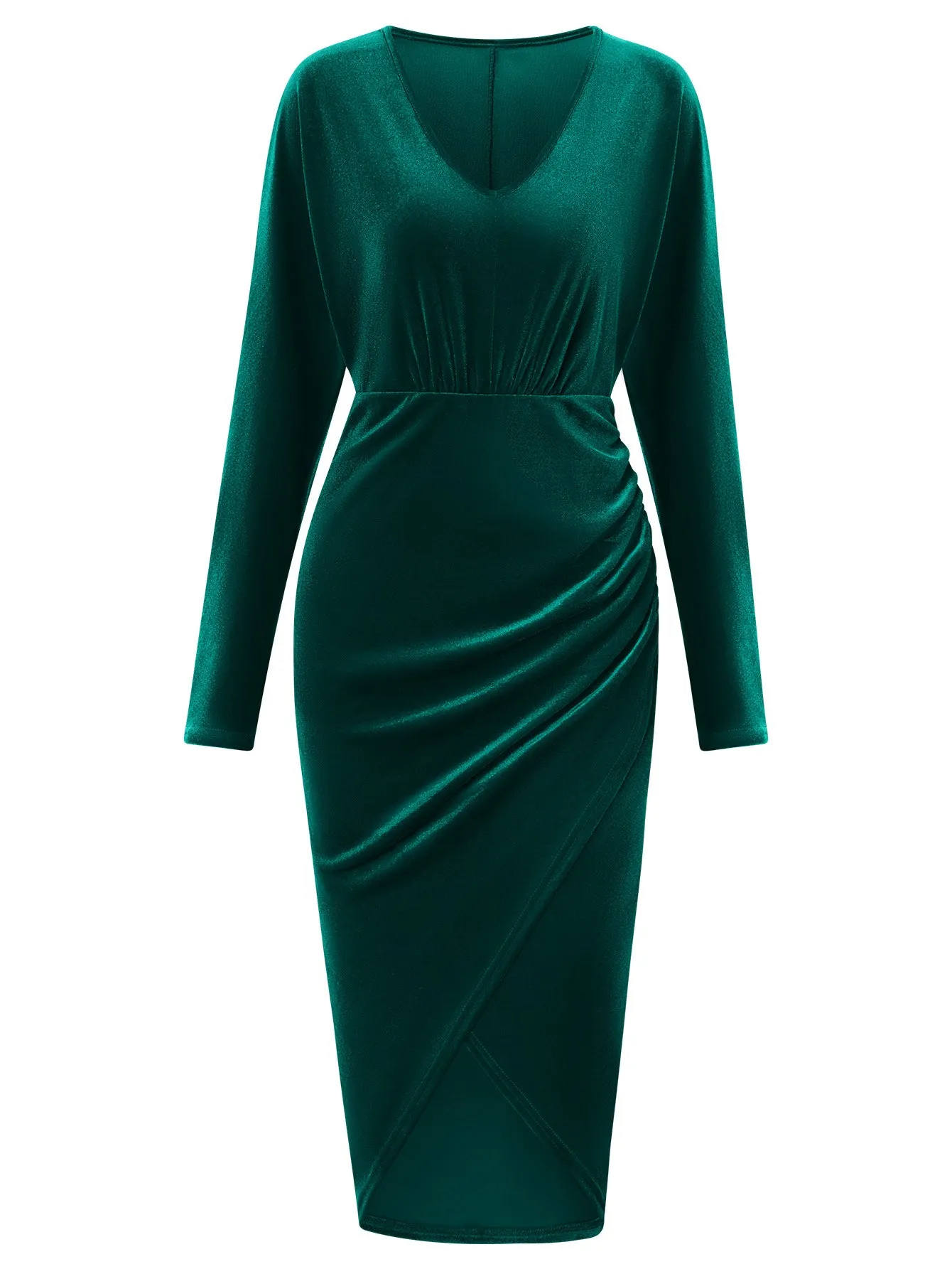 V-neck Solid Color Cinched Waist Velvet Dress