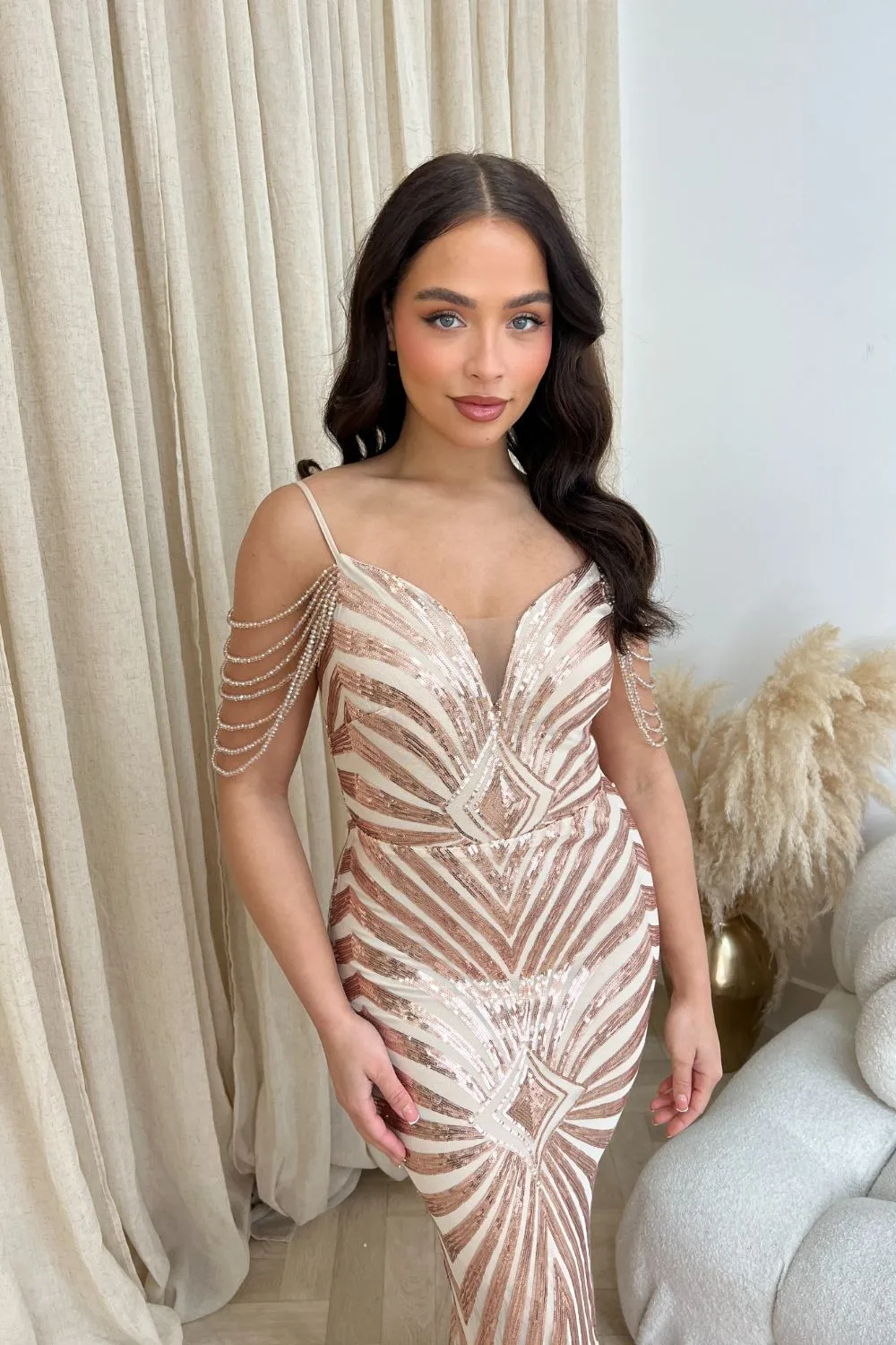 Vanity Rose Gold Luxe Sweetheart Beaded Shoulder Fringe Sequin Embellished Mermaid Illusion Maxi Dress