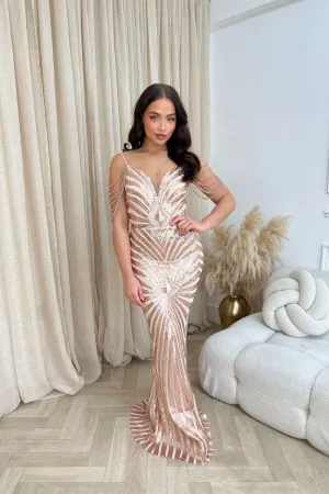 Vanity Rose Gold Luxe Sweetheart Beaded Shoulder Fringe Sequin Embellished Mermaid Illusion Maxi Dress