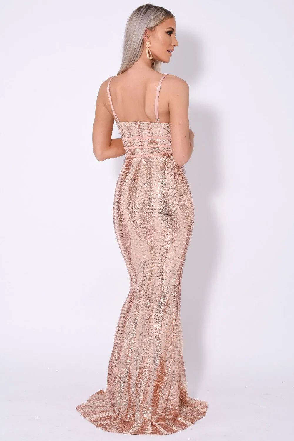 Virgo Rose Gold Plunge Cage Sequin Bandage Illusion Maxi Dress