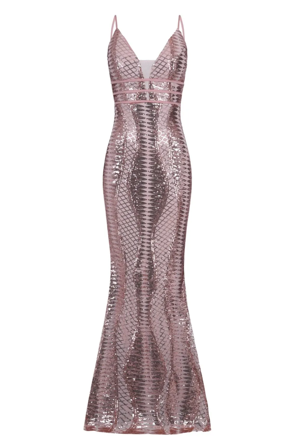 Virgo Rose Gold Plunge Cage Sequin Bandage Illusion Maxi Dress