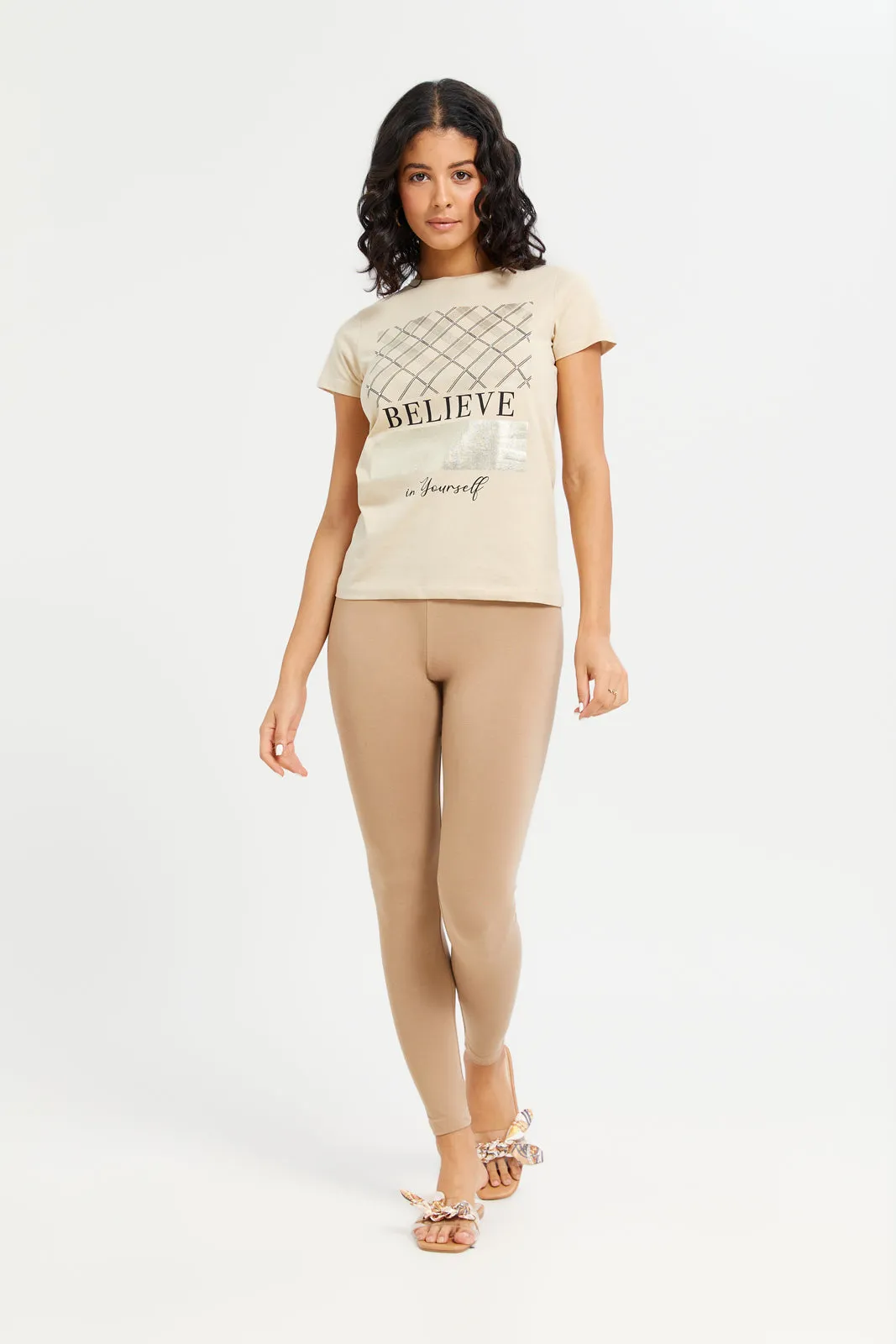 Women Beige Believe Embellished T-Shirt