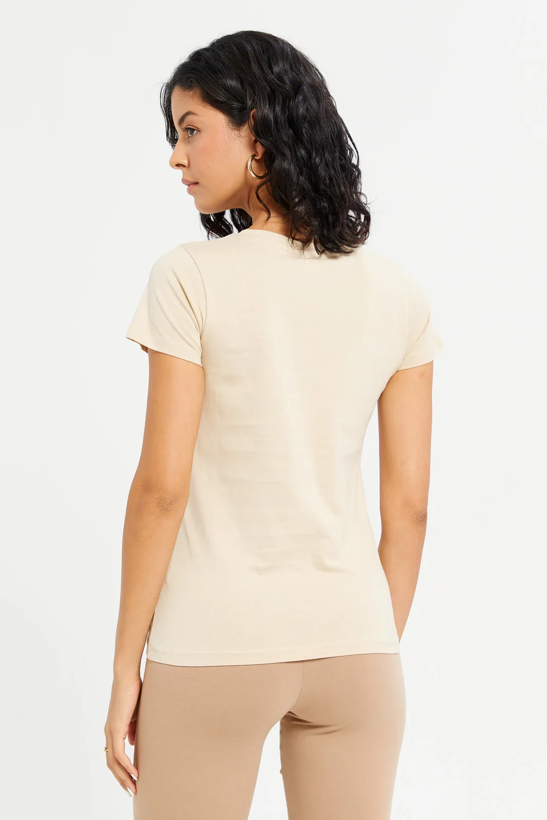 Women Beige Believe Embellished T-Shirt