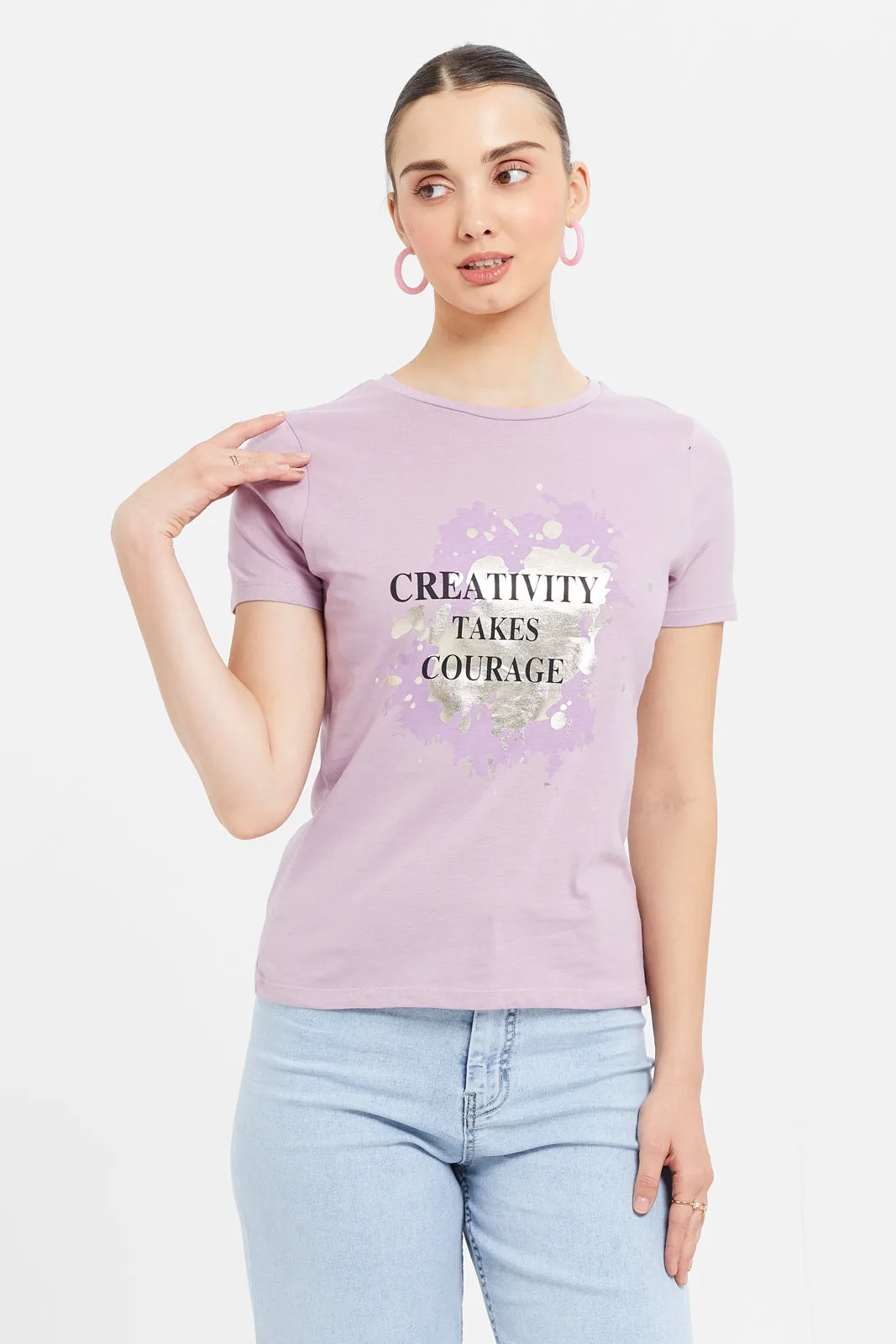 Women Lilac Creativity Foil Printed T-Shirt