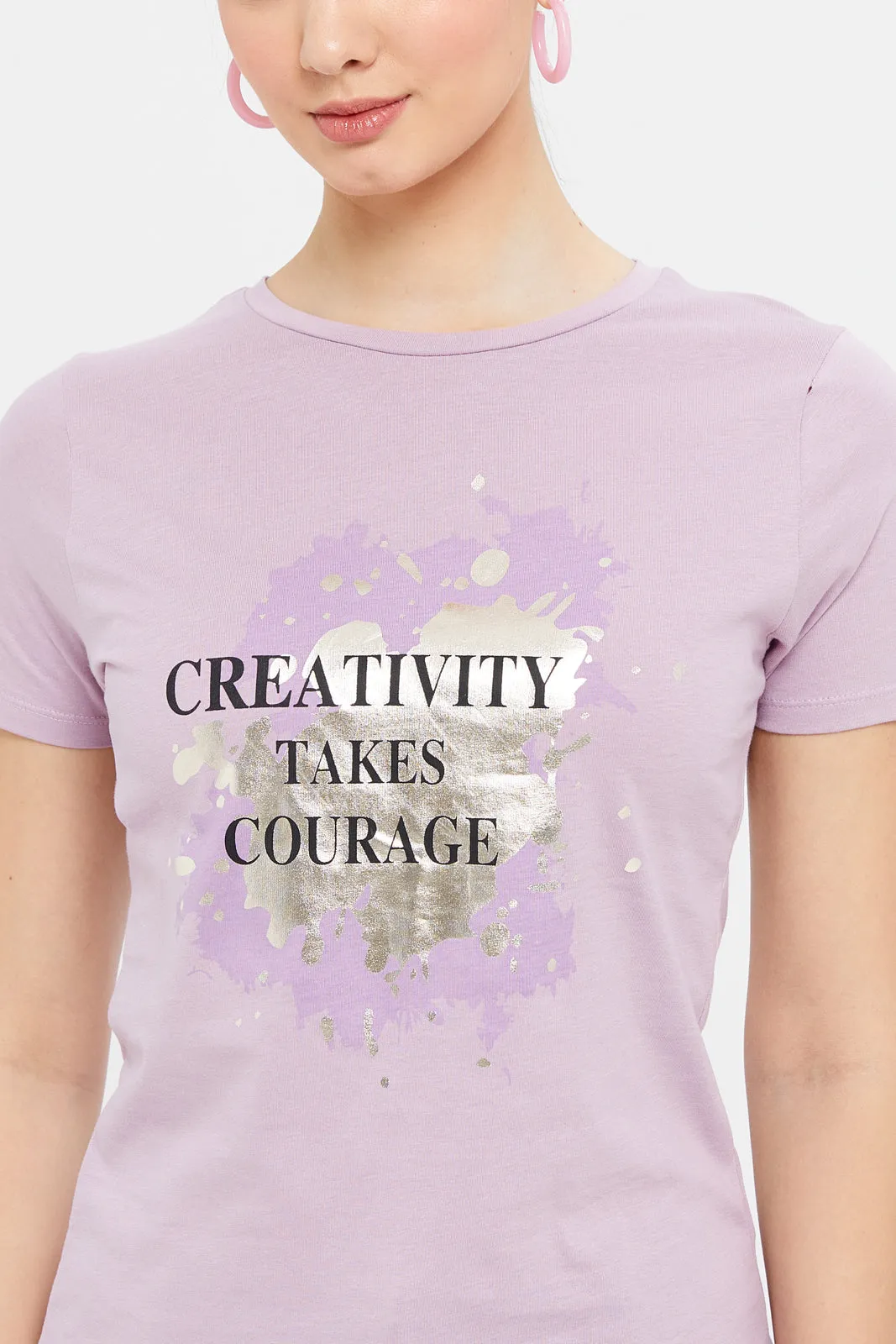 Women Lilac Creativity Foil Printed T-Shirt