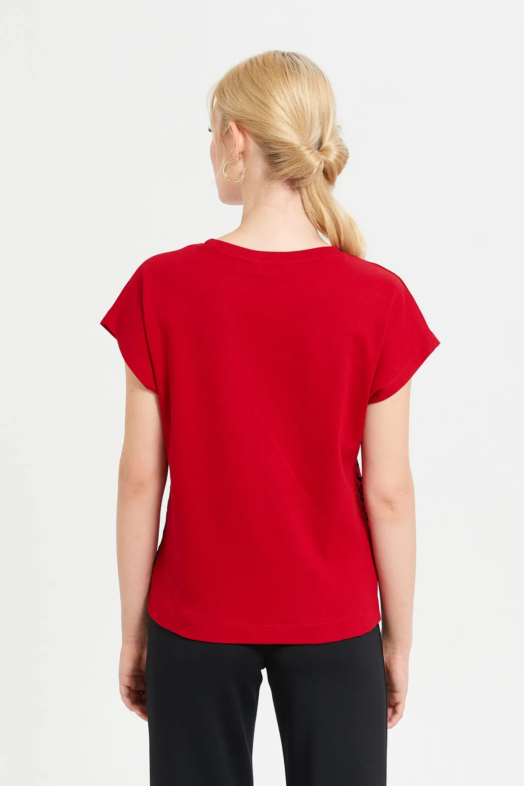 Women Red Embroidered T-Shirt